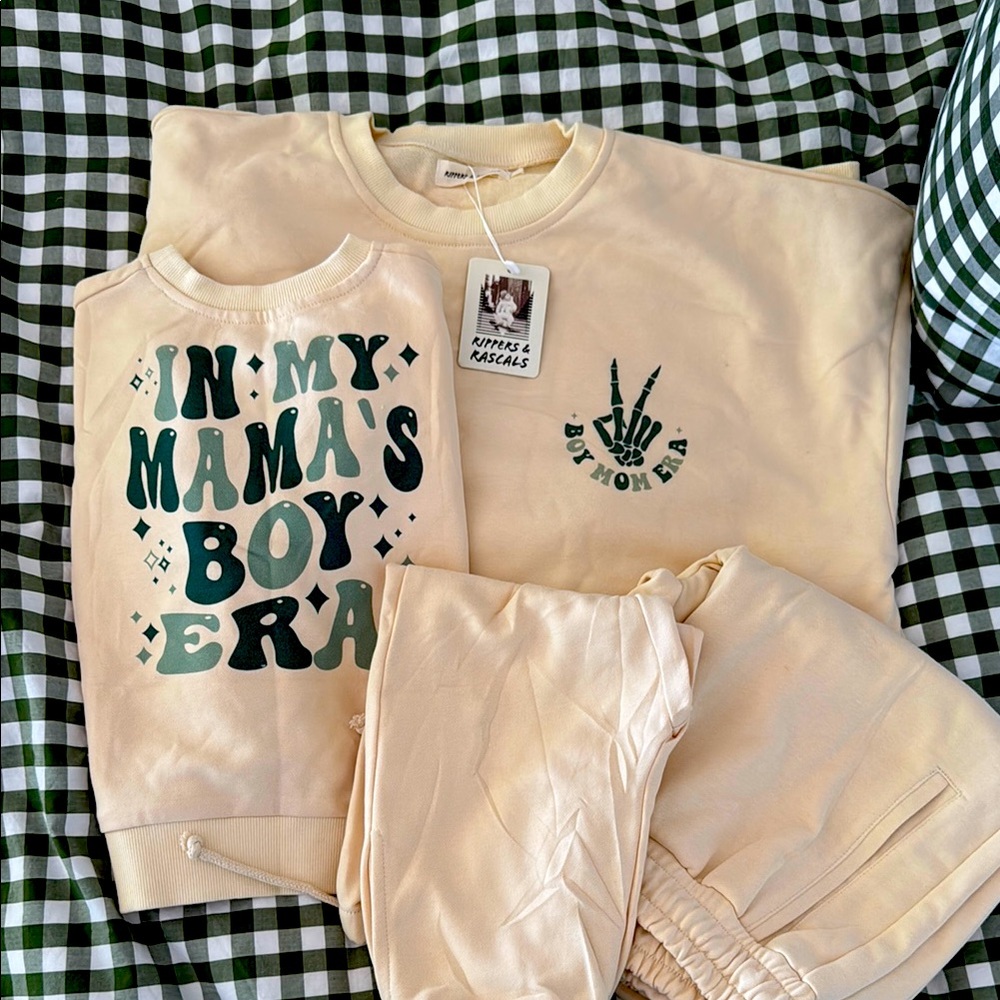 Cream and Green Graphic Sweatshirt Set. This is a Mama and Me set.